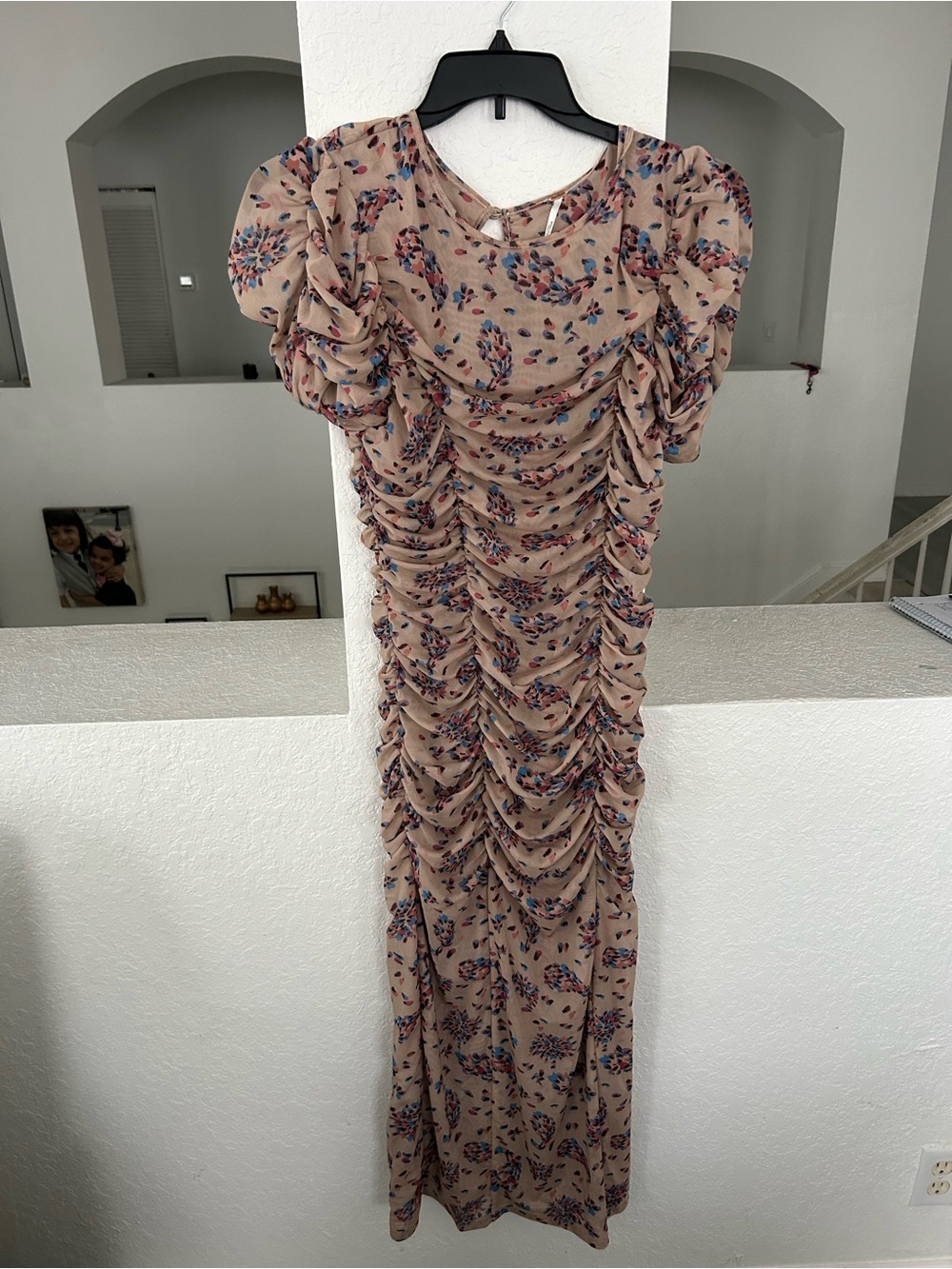Free People Beige Floral Ruched Midi Dress